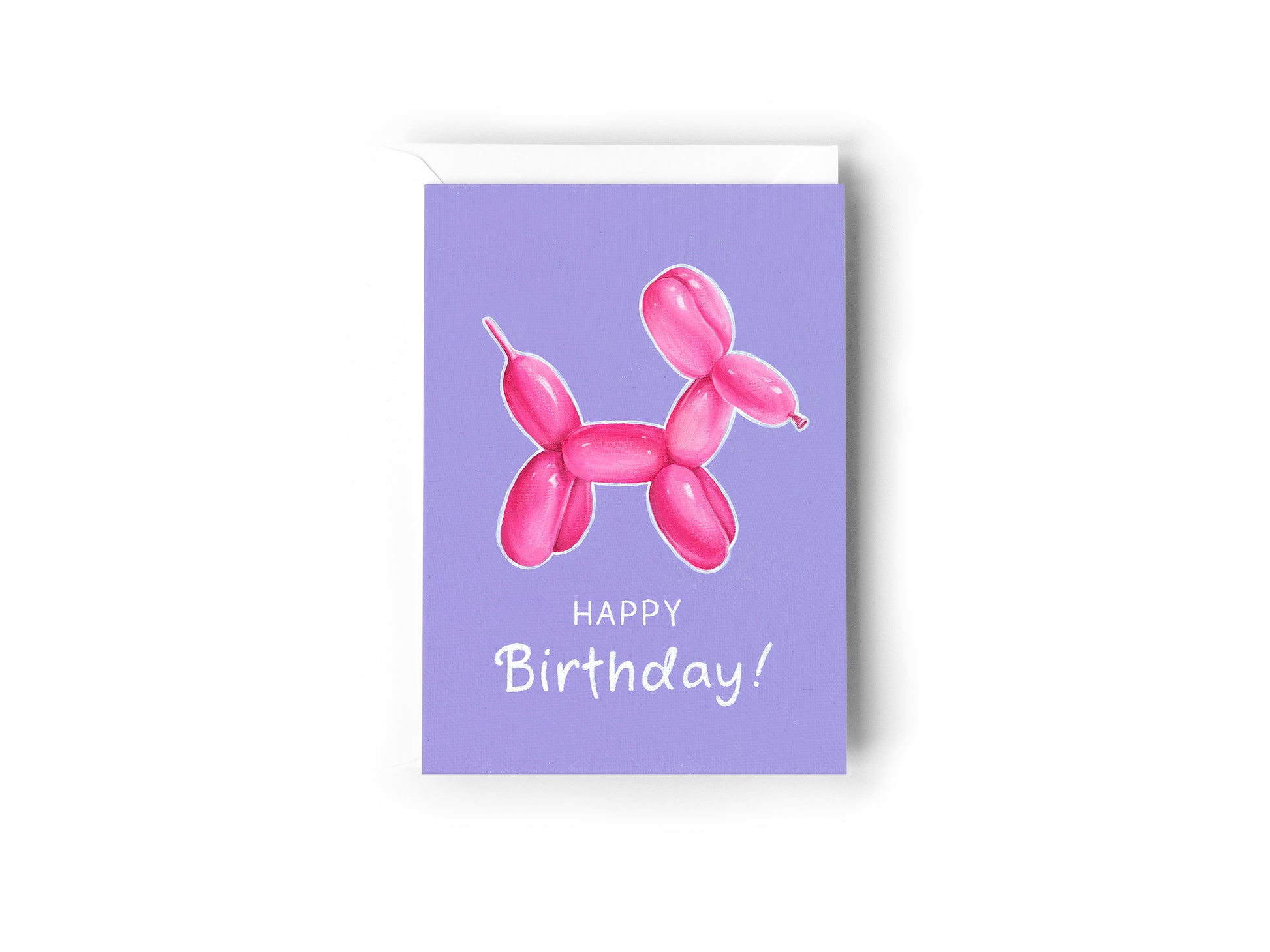 Purple Birthday Card with pink Balloon Dog illustration on white background