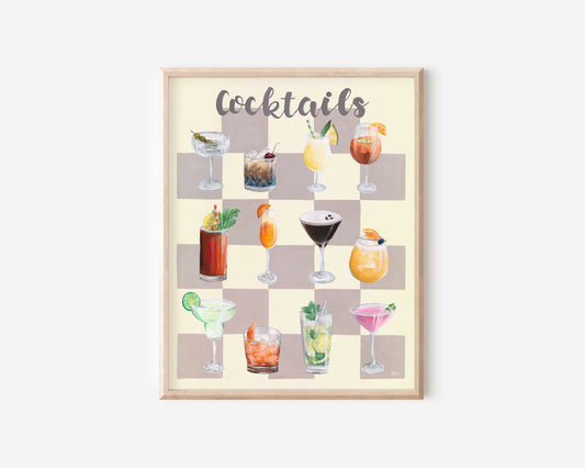 Colourful cocktail illustration on brown checker board background.