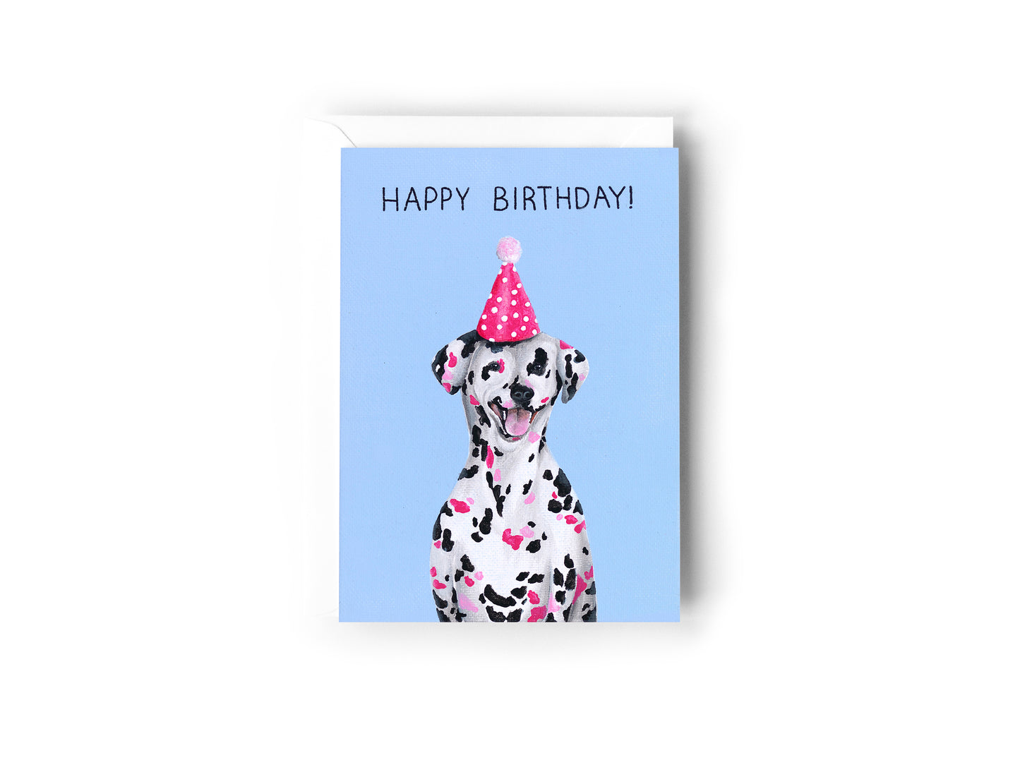 Blue birthday card with dalmatian in a pink party hat illustration.
