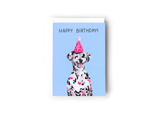 Blue birthday card with dalmatian in a pink party hat illustration.