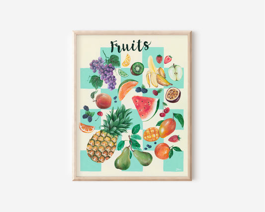 Colourful fruits illustration on a blue checker board background.