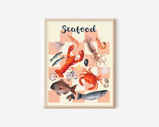 Painting of various seafood on a salmon coloured checker board background.