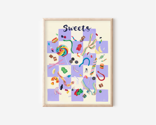 Painting of multiple colourful sweets on a purple checker board background.