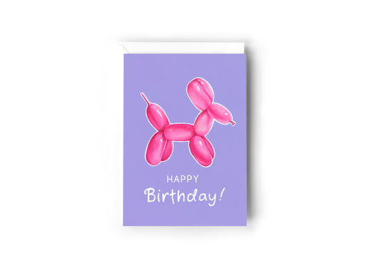 Purple Birthday Card with pink Balloon Dog illustration on white background