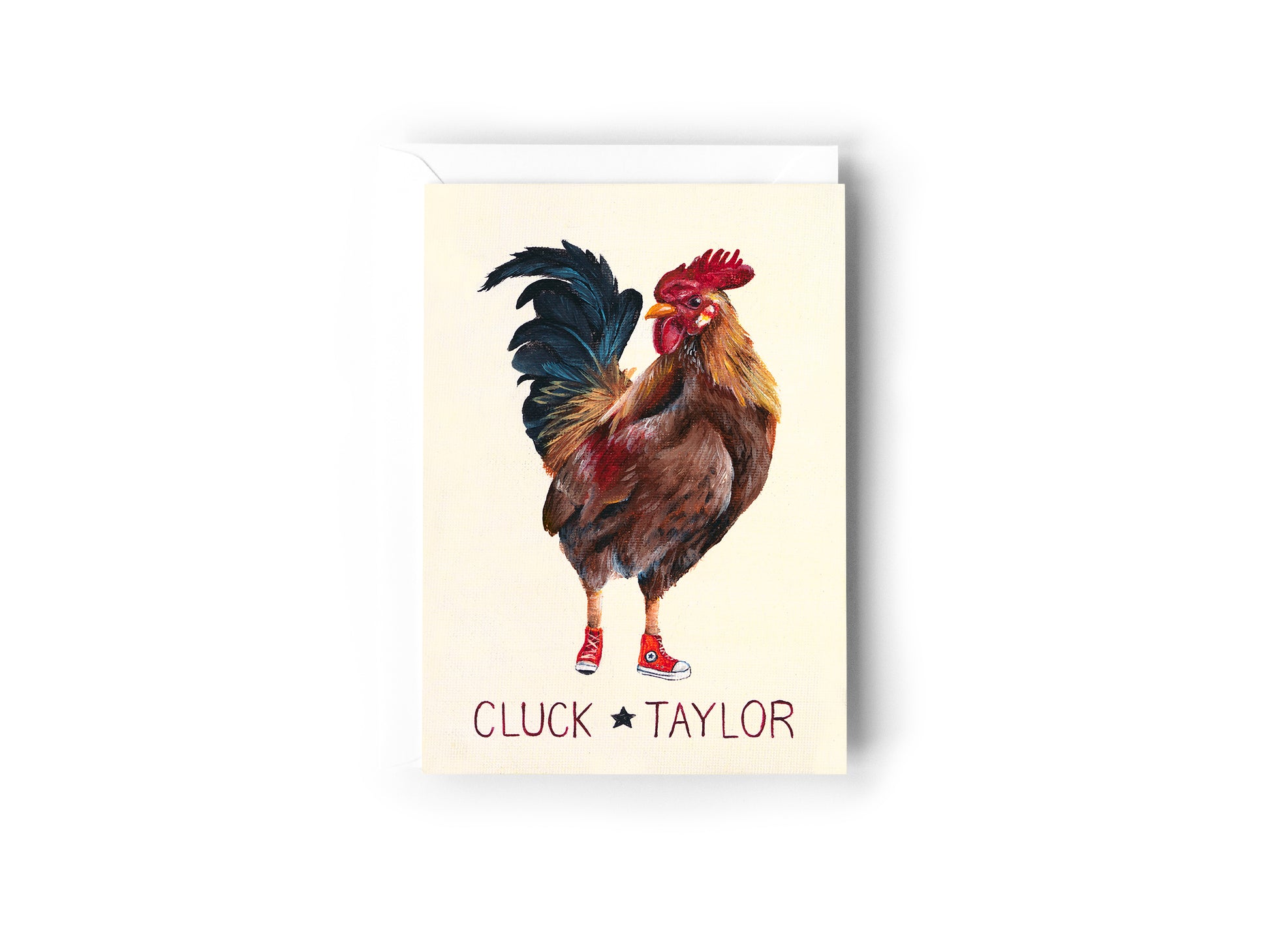 Cream card with a chicken in red converse illustration titled Cluck Taylor.